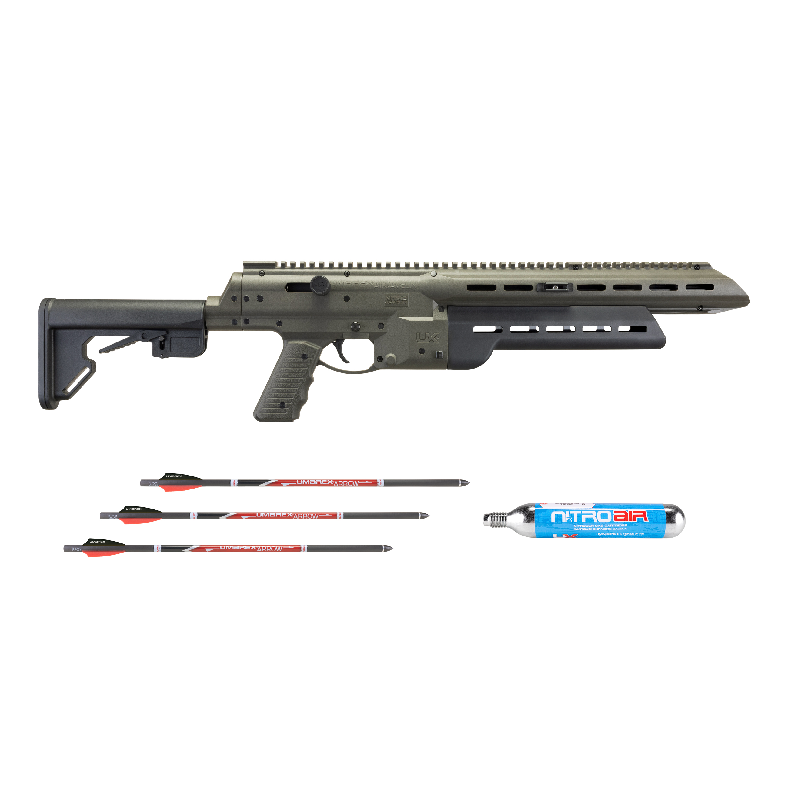 NitroJavelin Air Archery gun and included items